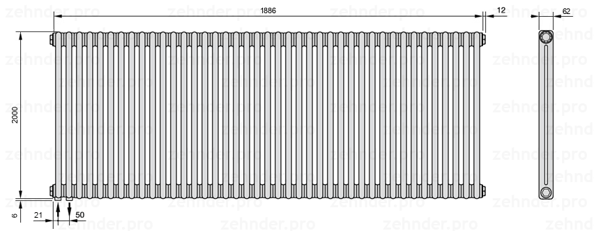 Схема (чертеж) Радиатор Zehnder Charleston 2200/41 №3370 Белый глянцевый RAL 9016